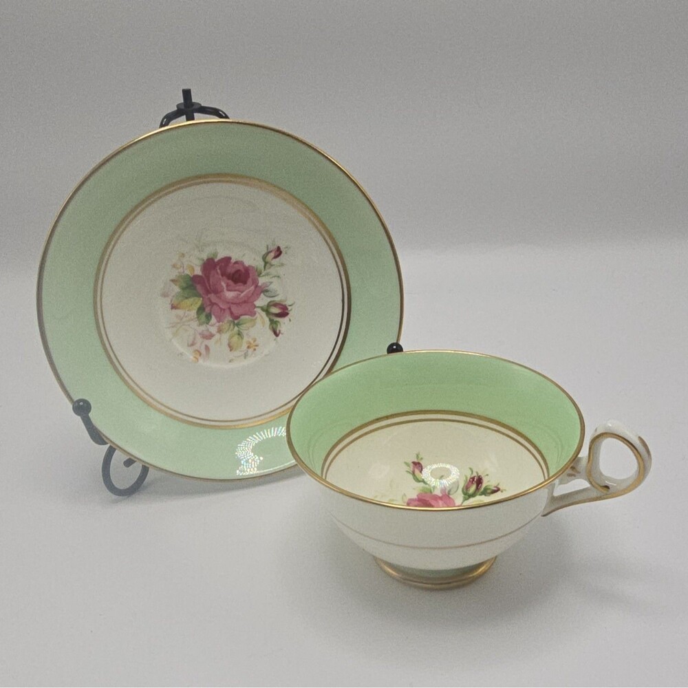 Vintage Old Royal Bone China Teacup & Saucer Set Wetley Rose Mint Green England